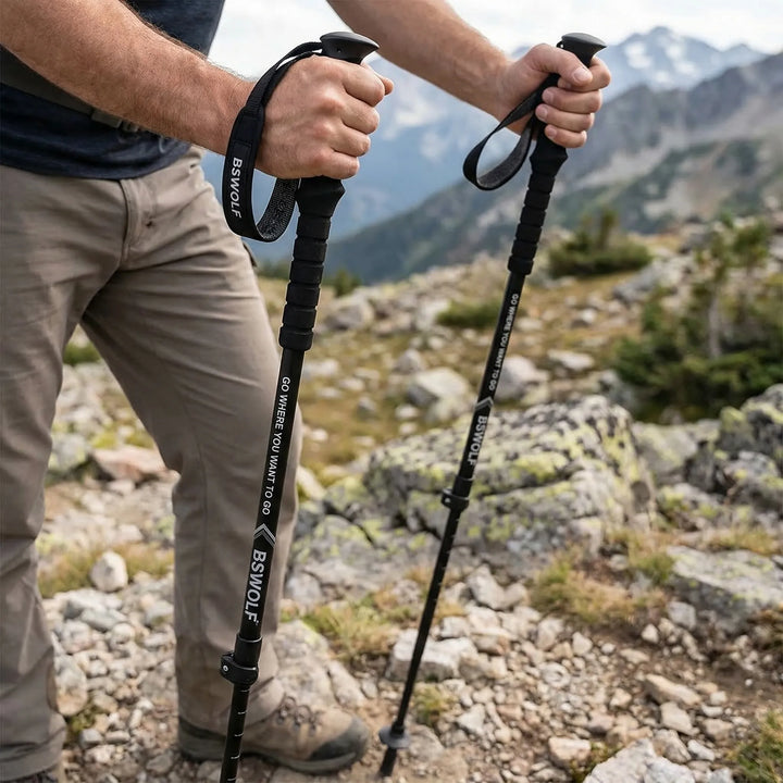 Ultralight folding trekking poles for compact storage & easy transport on hiking trails.