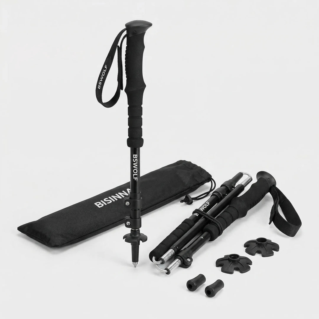 Adjustable aluminum trekking poles for hiking, nordic walking, and improved stability on varied terrain.