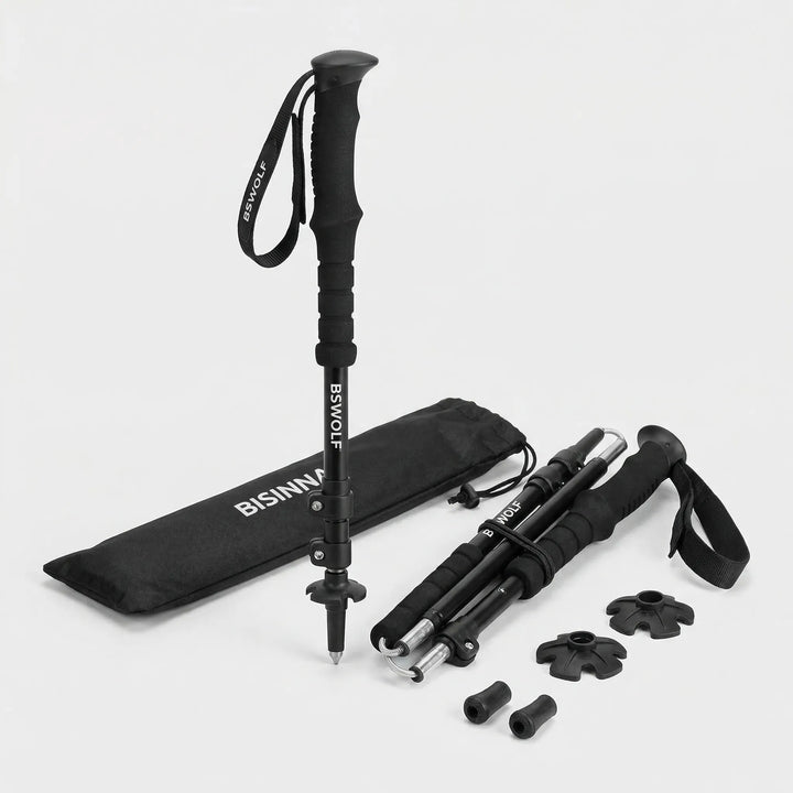 Adjustable aluminum trekking poles for hiking, nordic walking, and improved stability on varied terrain.