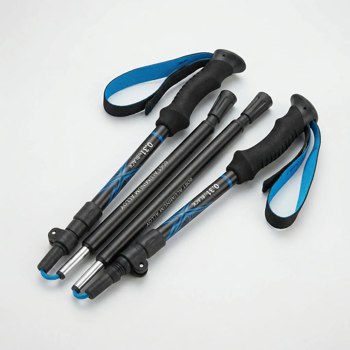 Compact folding trekking poles, ultralight and adjustable for easy packing & travel on any hike.