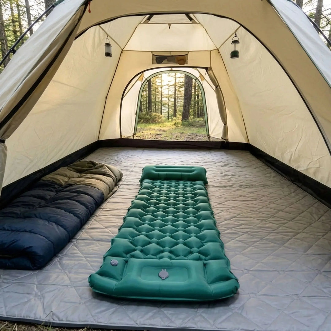 Ultralight inflatable camping sleeping mat with built-in pillow & foot pump for comfortable outdoor rest.
