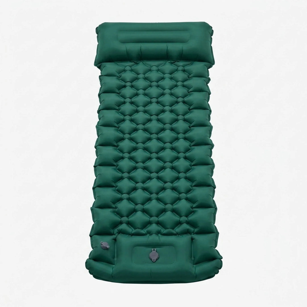 Portable ultralight camping sleeping mat for backpackers. Features built-in pillow & pump for easy setup.