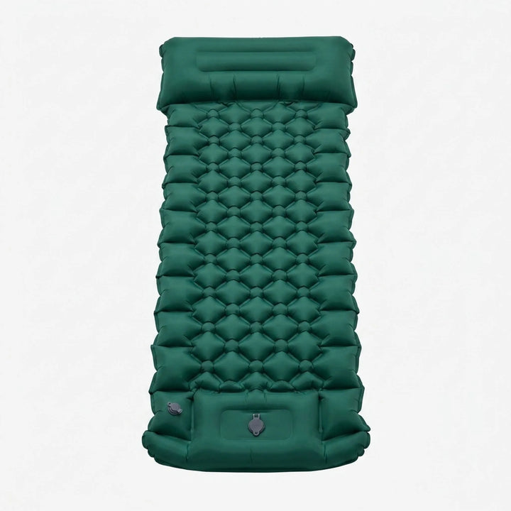 Portable ultralight camping sleeping mat for backpackers. Features built-in pillow & pump for easy setup.