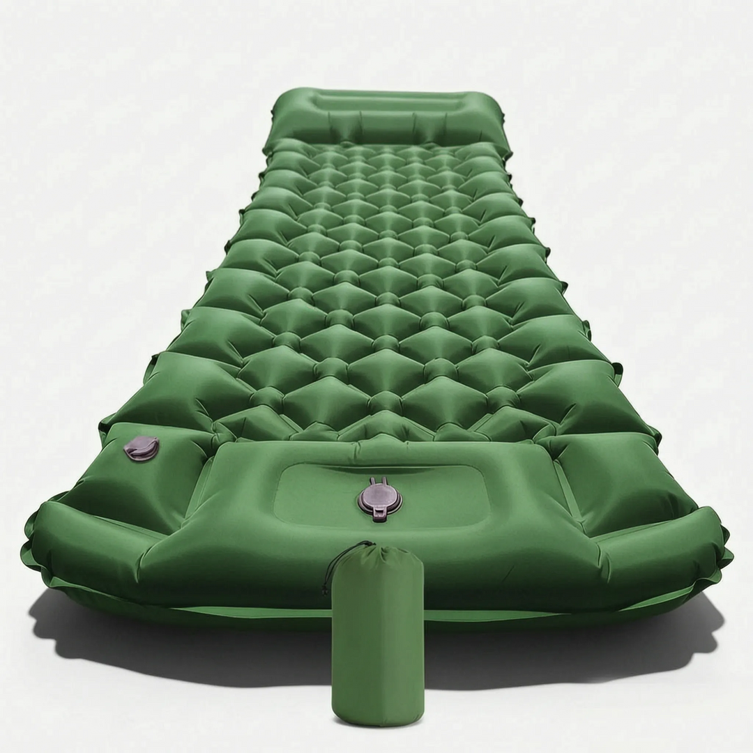 Inflatable camping sleeping mat showcasing built-in foot pump & integrated pillow for quick setup.