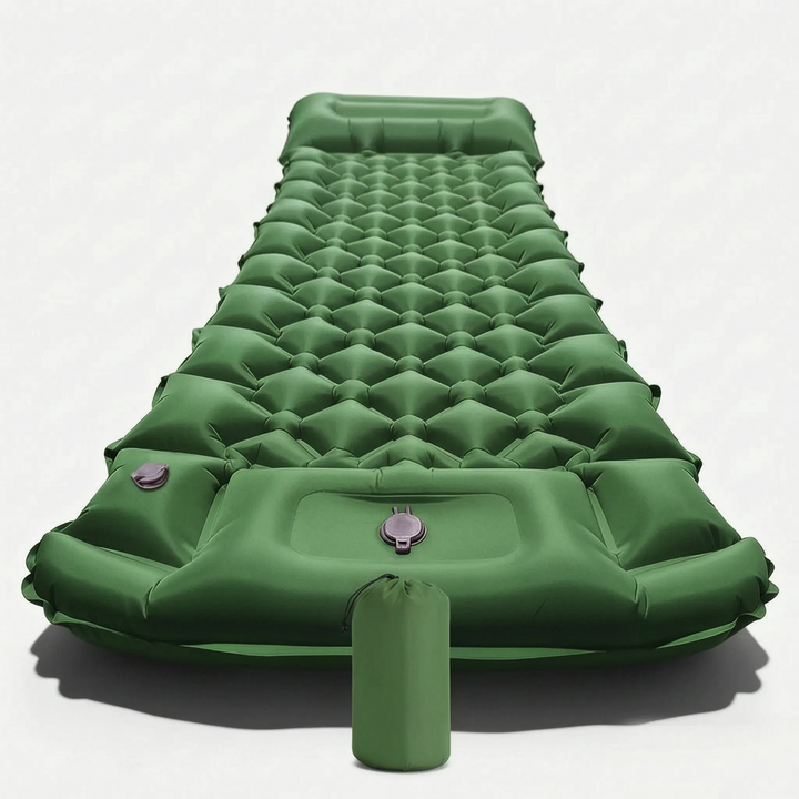 Inflatable camping sleeping mat showcasing built-in foot pump & integrated pillow for quick setup.
