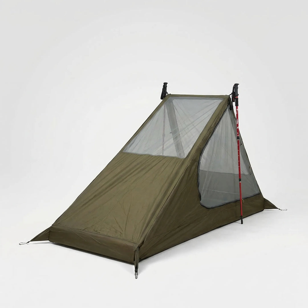 Solo ultralight mesh tent, designed for backpacking with trekking poles, offering breathable insect protection.