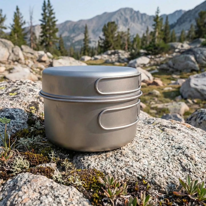 Ultralight titanium cookware set with folding handles for backpacking & camping. Durable pot & pan for outdoor cooking.