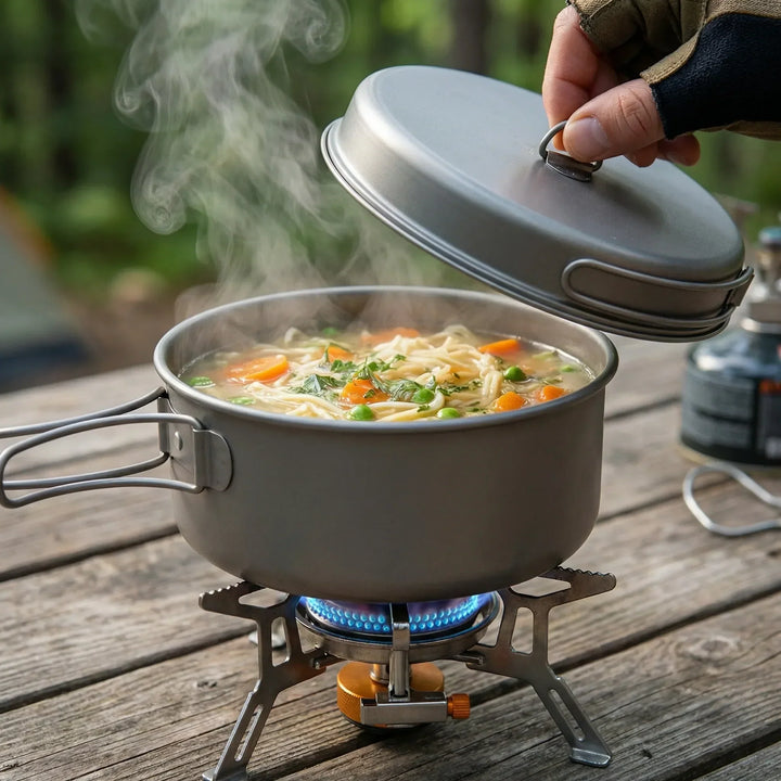 Titanium pot set used by a backpacker for outdoor cooking. Ultralight & compact for camping & hiking gear.