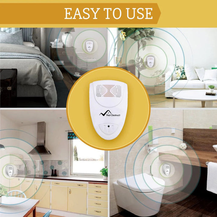 Compact plug-in ultrasonic pest repeller for controlling mice, ants, spiders & other indoor insects.
