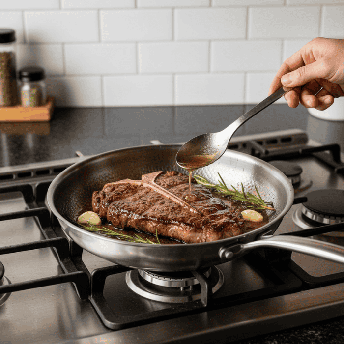 Uncoated titanium frying pan for healthy, efficient cooking. A durable essential for any modern kitchen.