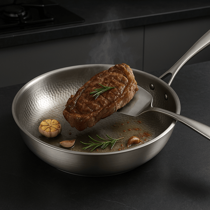 Premium uncoated titanium frying pan, delivering healthy, efficient results. A durable, versatile kitchenware item.