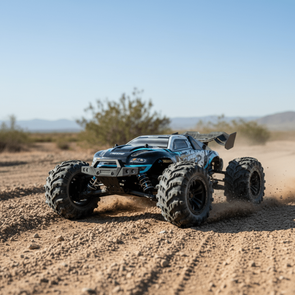 Unisex 1:16 scale AWD RC truck with bright LED headlights, perfect for offroad adventures & high-speed fun.