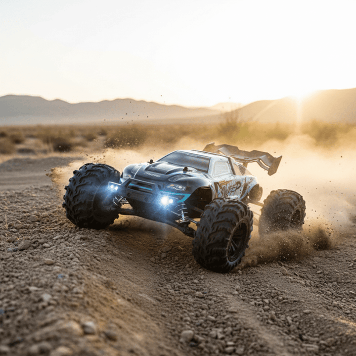 Durable 1:16 scale all-wheel drive remote control truck for kids, tackling any terrain with LED lights.