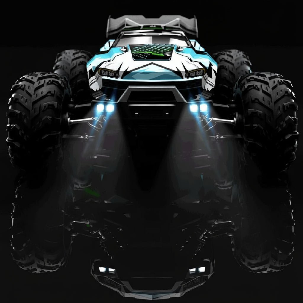 High-speed electric 1:16 scale RC offroad vehicle, featuring powerful AWD & cool LED headlights. Great hobby truck.