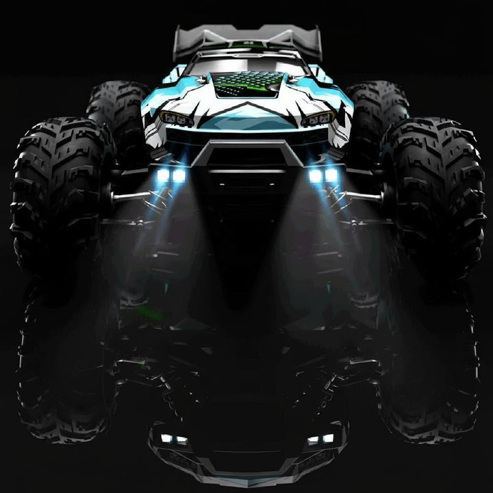 High-speed electric 1:16 scale RC offroad vehicle, featuring powerful AWD & cool LED headlights. Great hobby truck.