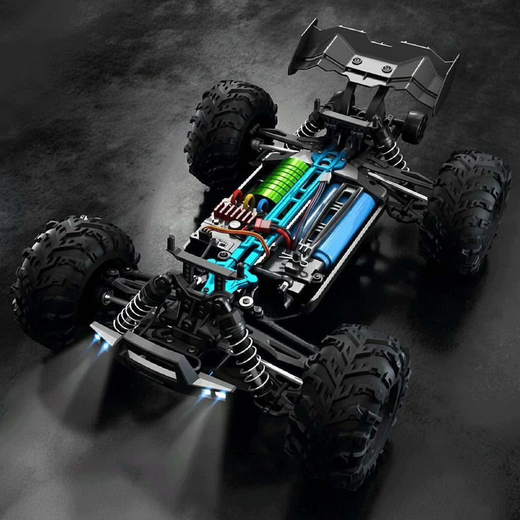 Unisex 1:16 scale RC truck in action, showcasing its all-wheel drive capabilities and glowing LED headlights.