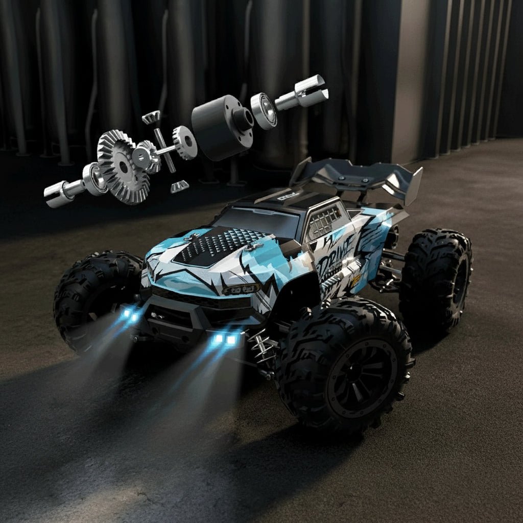 Remote control all-wheel drive offroad truck for kids, 1:16 scale, built tough with bright LED headlights.