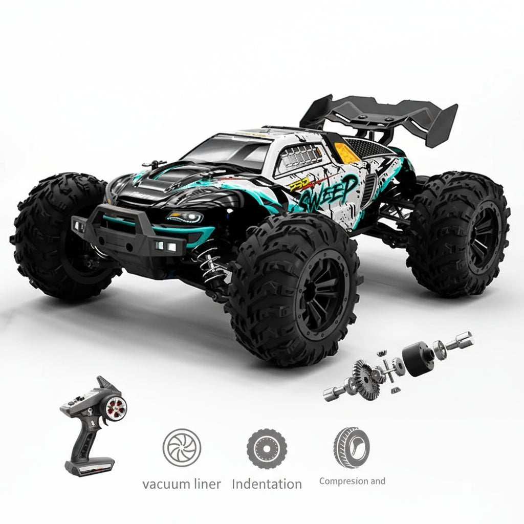 Detailed 1:16 scale all-wheel drive RC toy truck, ready for play with powerful performance and functional LED headlights.
