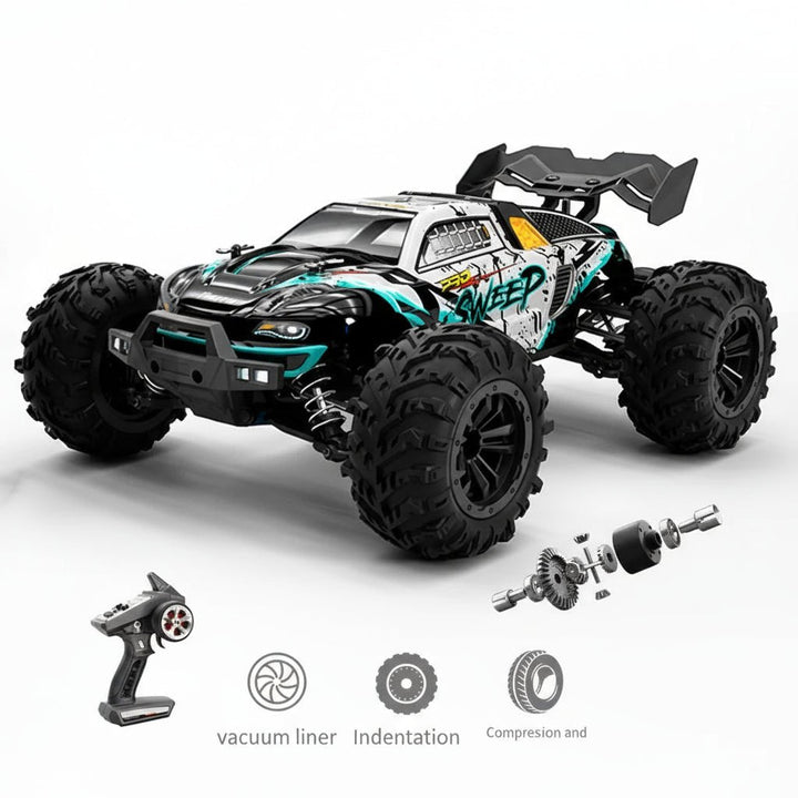 Detailed 1:16 scale all-wheel drive RC toy truck, ready for play with powerful performance and functional LED headlights.