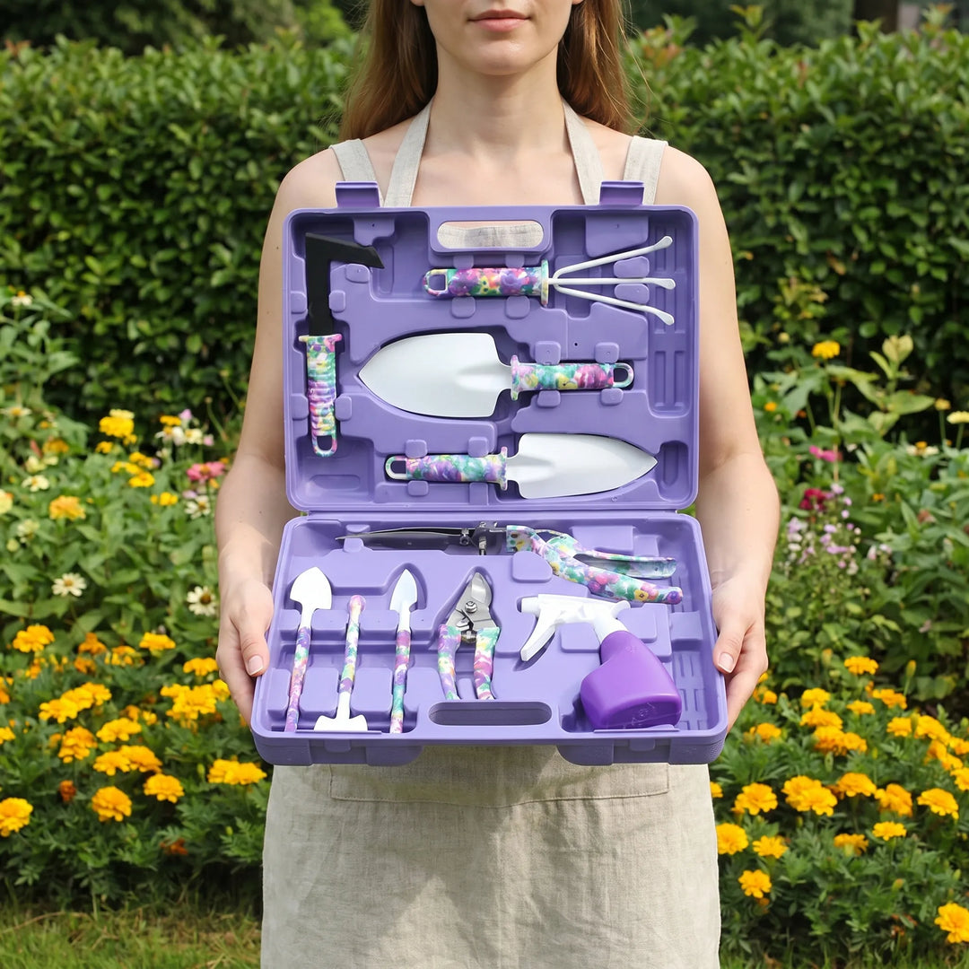 Unisex 10-piece gardening tool kit with storage case, perfect for home garden plant care essentials.