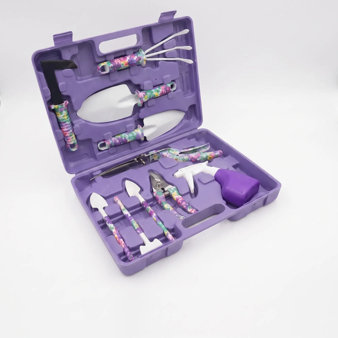 Organized 10-piece gardening tool set in a durable case, essential for indoor & outdoor plant care.