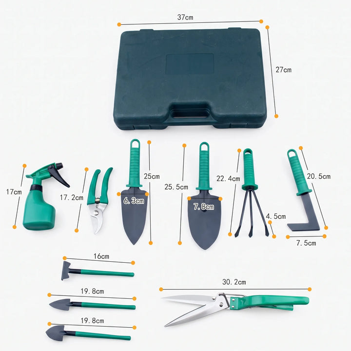 Open storage case displaying a unisex 10-piece gardening tool kit, ready for home garden essentials.