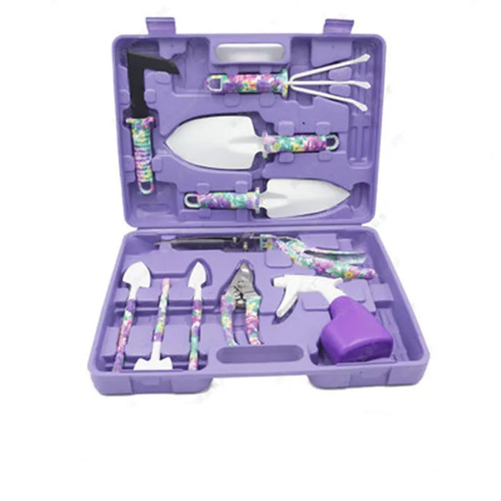 Convenient 10-piece gardening tool set with storage case, making plant care easy & organized.