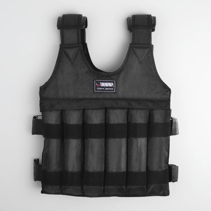 Athlete wearing a unisex 110 lb adjustable weighted vest for challenging strength and cardio training.