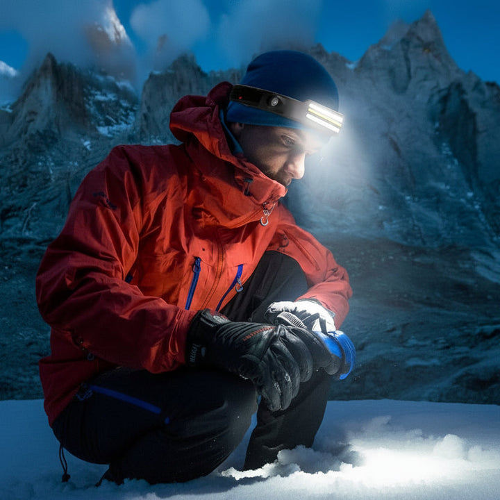 Runner wearing 1500 lumen LED headlamp with wide beam for hands-free safety during night trail running.