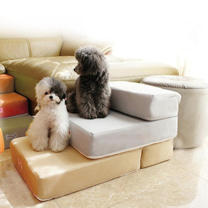 Unisex 2-level non-slip dog steps for small pets to access bed easily, gray finish.