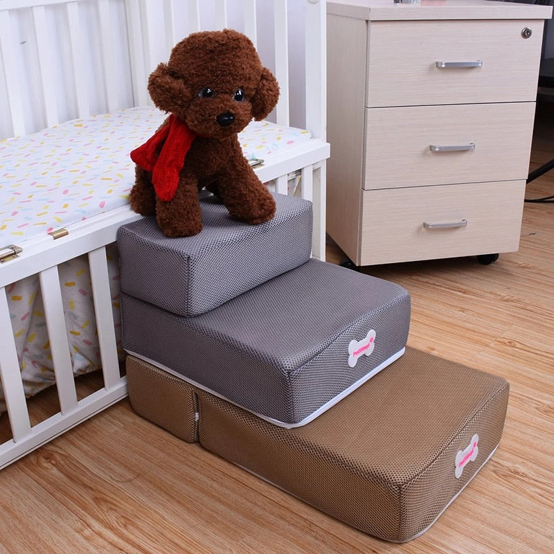 Grey 2-level pet stairs for cats and dogs, non-slip surface, helps small dogs reach sofa.