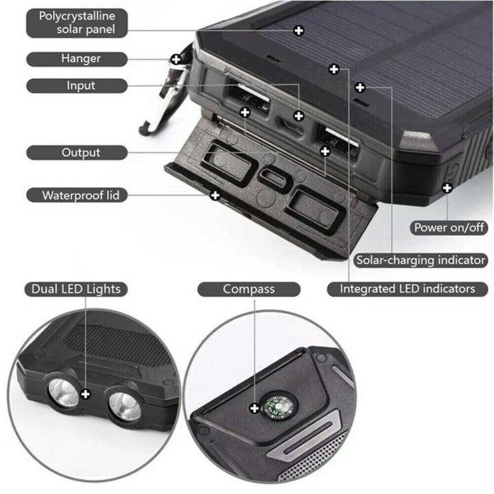 Reliable 20000mAh solar power bank, waterproof portable charger, great for outdoor activities & emergency backup.