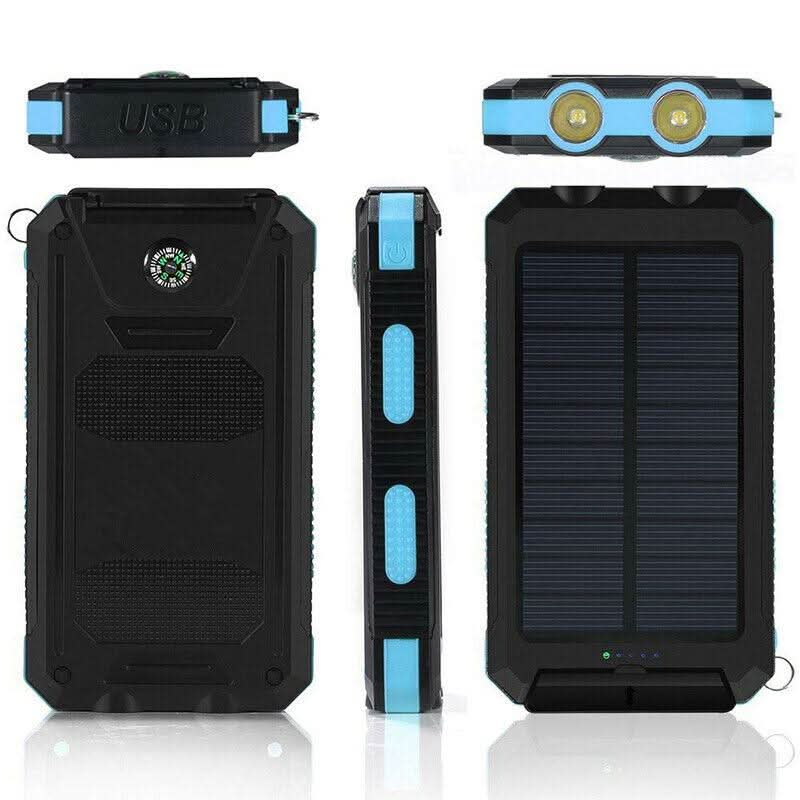 Versatile 20000mAh solar power bank, waterproof, portable, designed for outdoor use, camping & emergency charging.