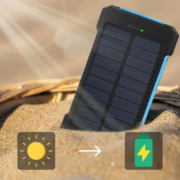 High-capacity 20000mAh solar power bank, waterproof USB charger, ideal for emergency power & camping trips.