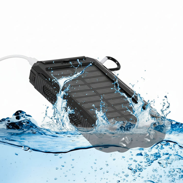 Durable unisex 20000mAh solar power bank, waterproof portable charger for hiking, camping & outdoor gadgets.
