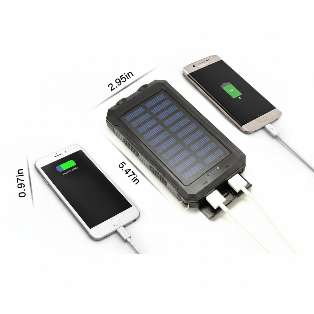 Waterproof 20000mAh solar power bank, portable USB charger with built-in LED flashlight, essential for emergencies.