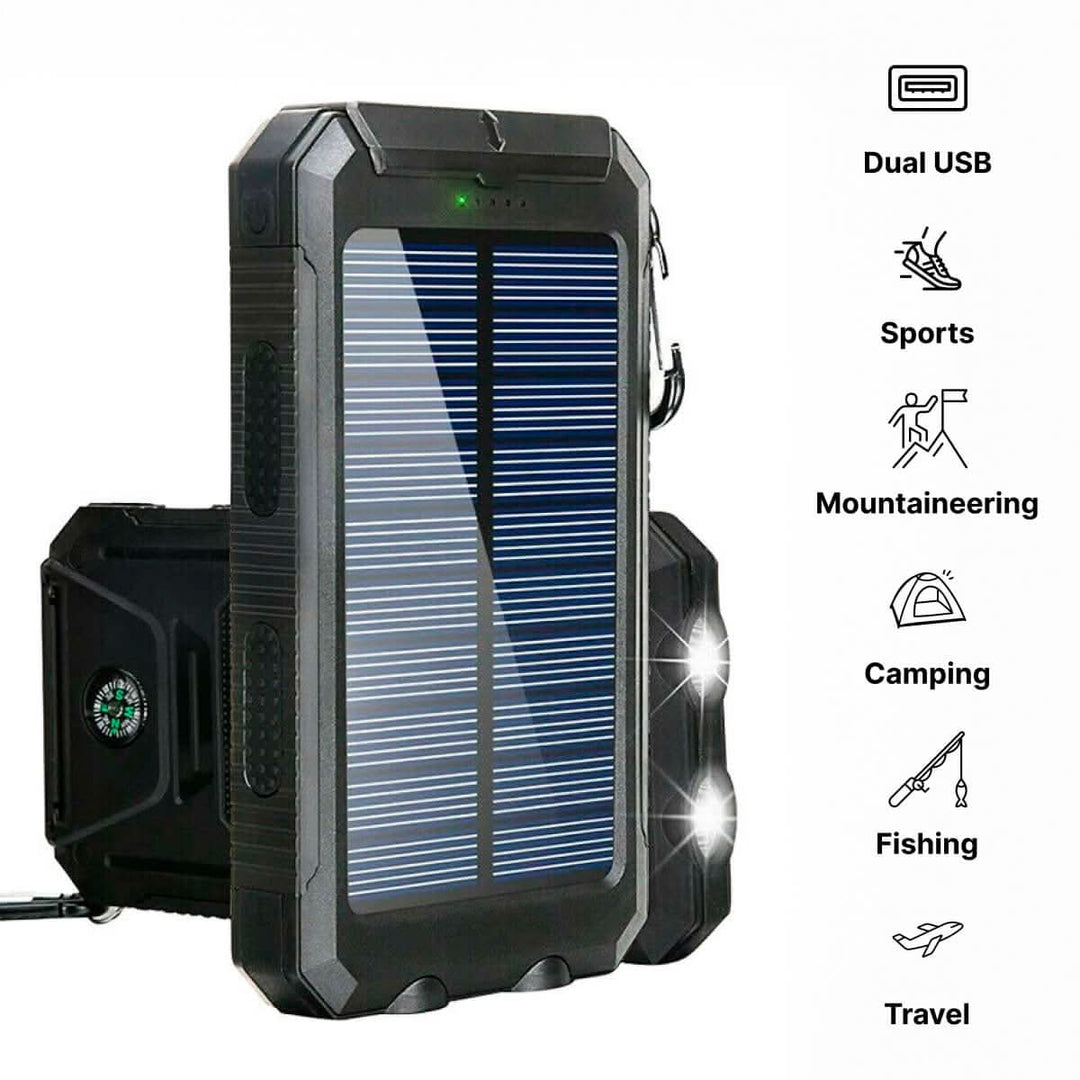 Compact 20000mAh solar power bank, waterproof outdoor charger, perfect for hiking, camping & emergency kits.