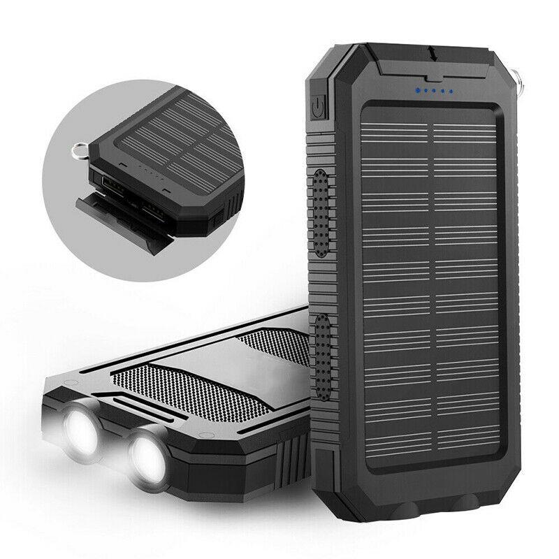 Emergency 20000mAh solar power bank, waterproof USB charger with LED flashlight, ideal for camping & travel.