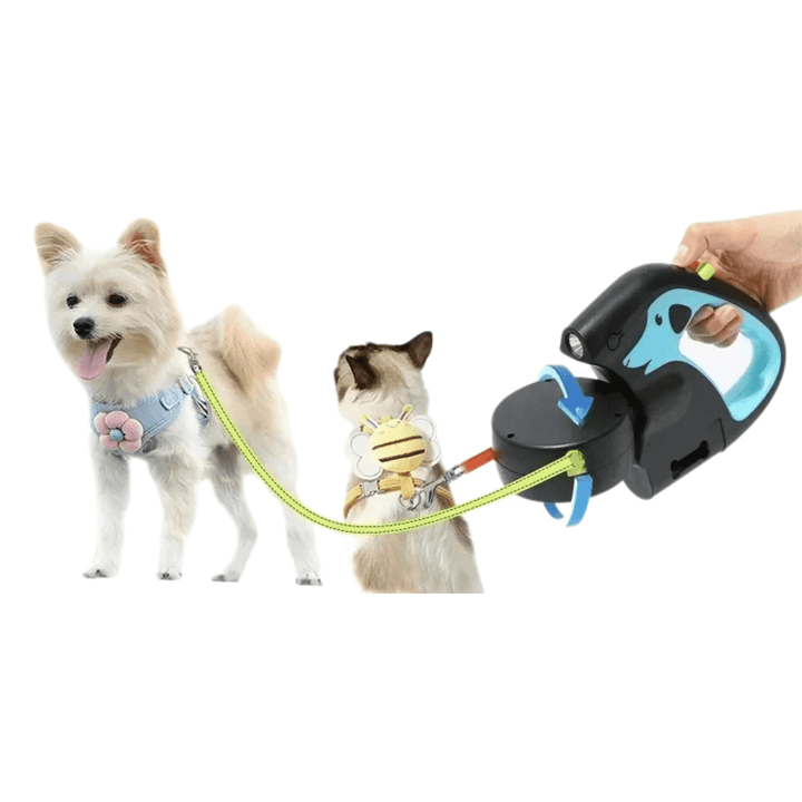 Two dogs walking calmly on a black tangle-free dual dog leash with built-in LED flashlight