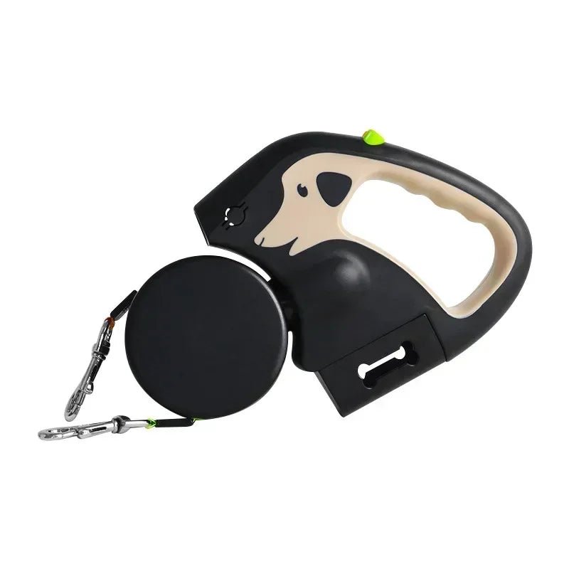 Hands-on view of the dual dog leash featuring bright flashlight and convenient poop bag dispenser