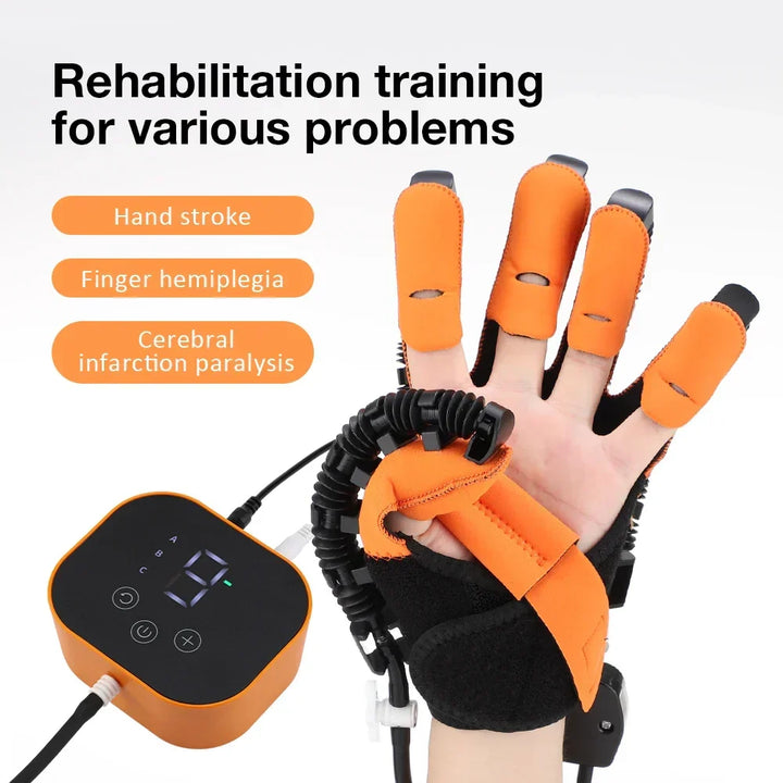 Electric hand therapy glove aiding stroke recovery & rehabilitation. Improves finger mobility & provides pain relief.