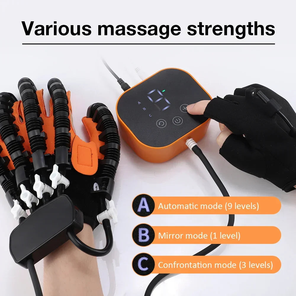 Electric hand exerciser glove for stroke recovery, finger rehabilitation, and improved hand mobility.