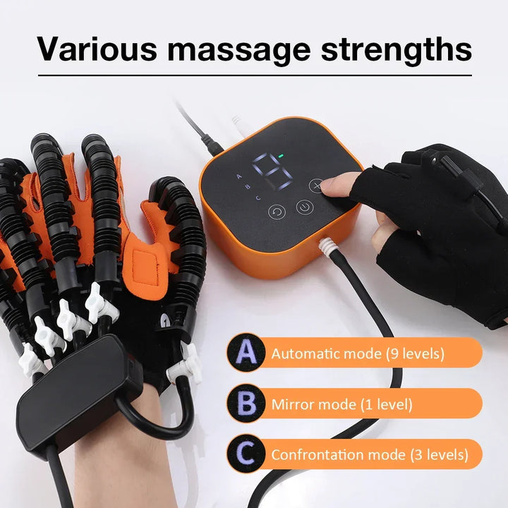 Electric hand exerciser glove for stroke recovery, finger rehabilitation, and improved hand mobility.