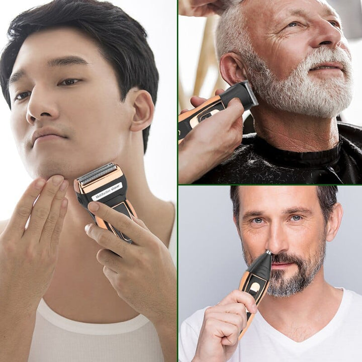 3-in-1 electric grooming kit. Cordless shaver with interchangeable heads for beard trimming, nose, and facial hair.