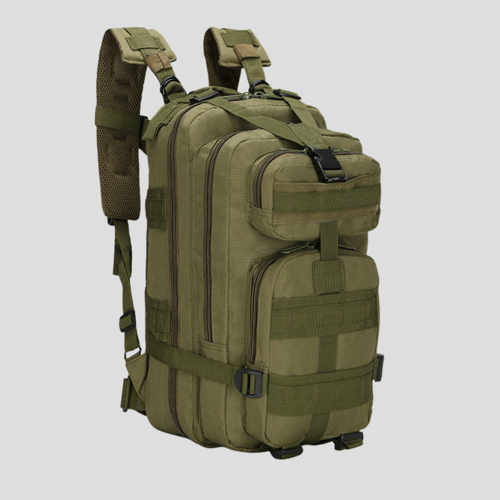 Unisex 30L tactical backpack with MOLLE webbing, durable for hiking, camping, and outdoor adventures.