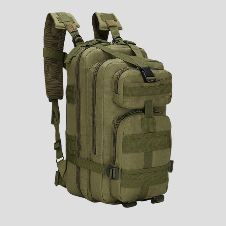 Unisex 30L tactical backpack with MOLLE webbing, durable for hiking, camping, and outdoor adventures.