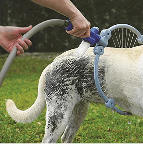 Unisex Pet Shower Scrubber Tool connected to a hose, showcasing its 360 shower capabilities