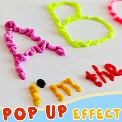 Kids' art supplies: 3D PuffMaster pens creating puffy, textured drawings on paper.