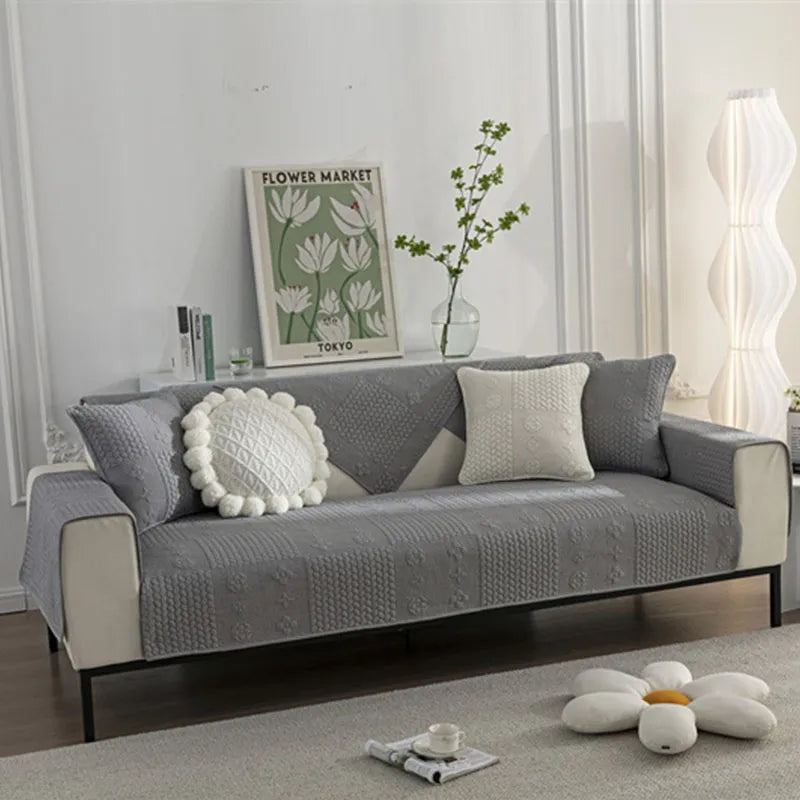 Unisex 3D wheat embroidery cotton non-slip pet-friendly couch cover for sectional sofa protection