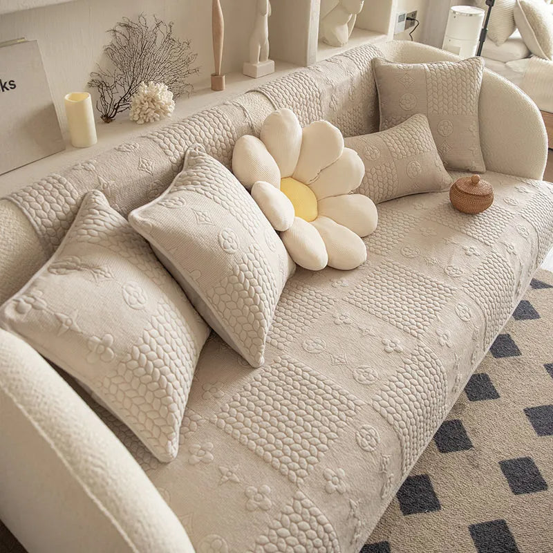 Stylish home decor cotton couch cover, non-slip design with elegant 3D wheat embroidery